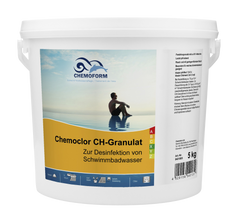 , Chemoform, Для дезинфекції, Гранулы, Хлор нестабилизированный, 5 кг, Банка, Для бассейнов, 10 лет, Германия